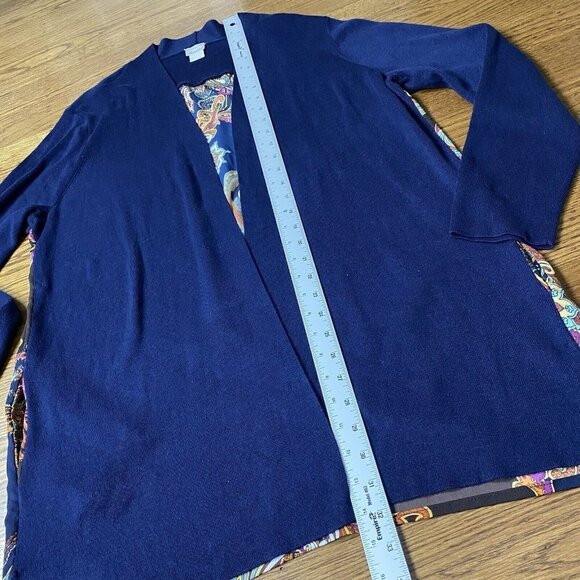 Chicos Paisley Woven Back Cardigan Navy Blue Longline Open Topper Pockets - Picture 10 of 11